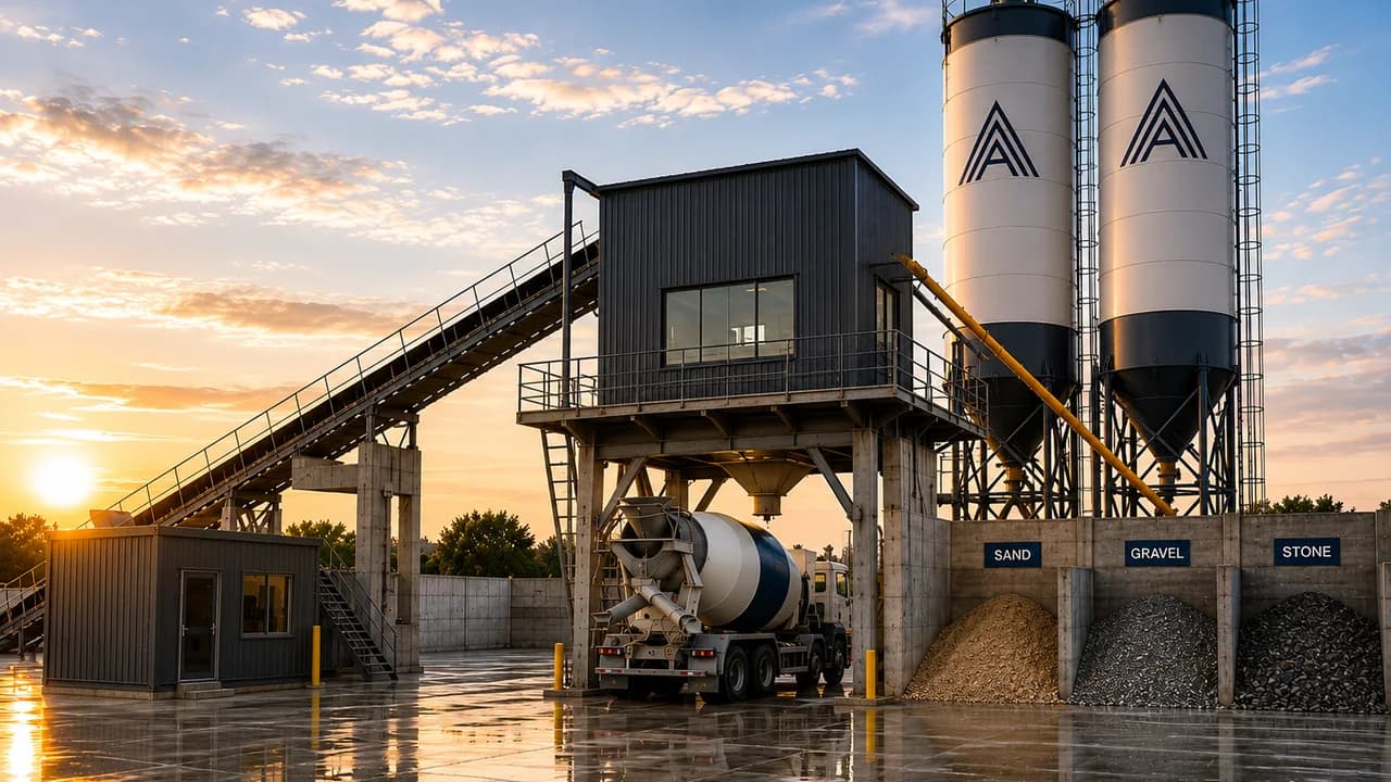 Concrete batching plant at sunset representing industrial and materials coordination