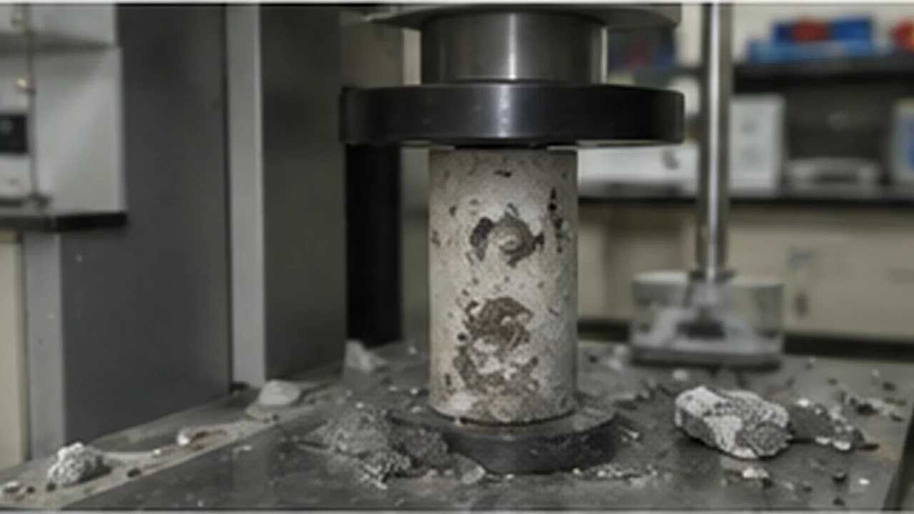 Concrete cylinder compression strength test in a laboratory press