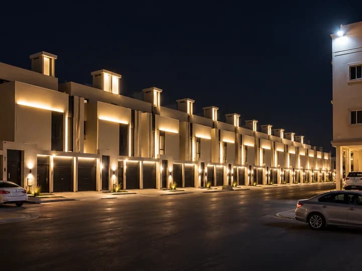 Illuminated townhouse row at night representing private development work