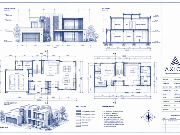 Architectural blueprint sheet with plans, sections, and elevation drawings