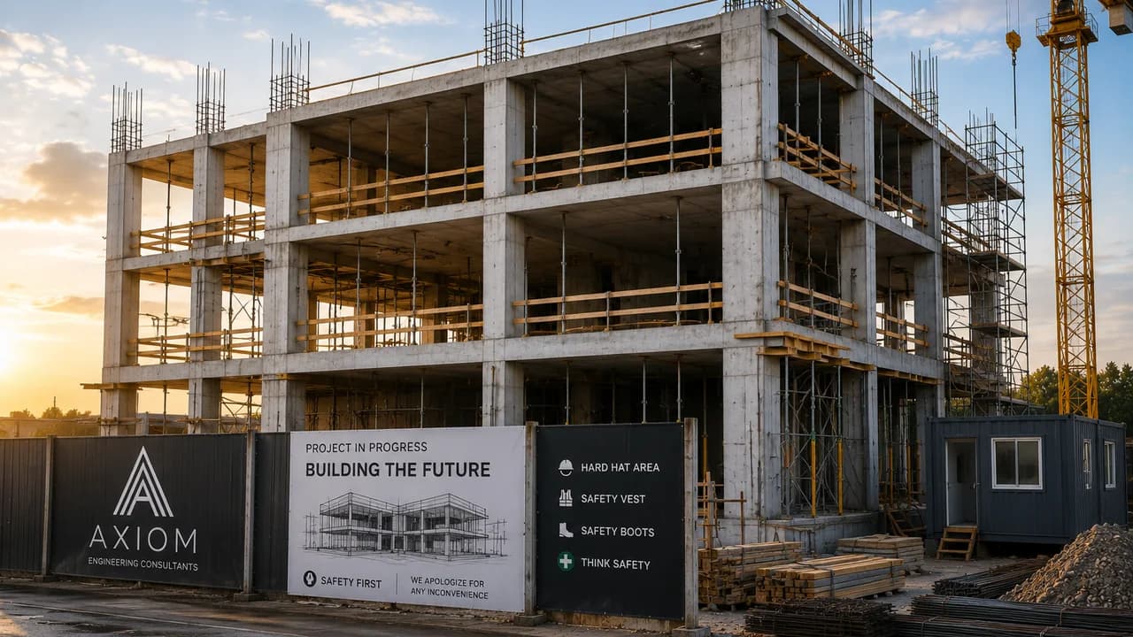 Concrete frame building under construction with crane and Axiom site board