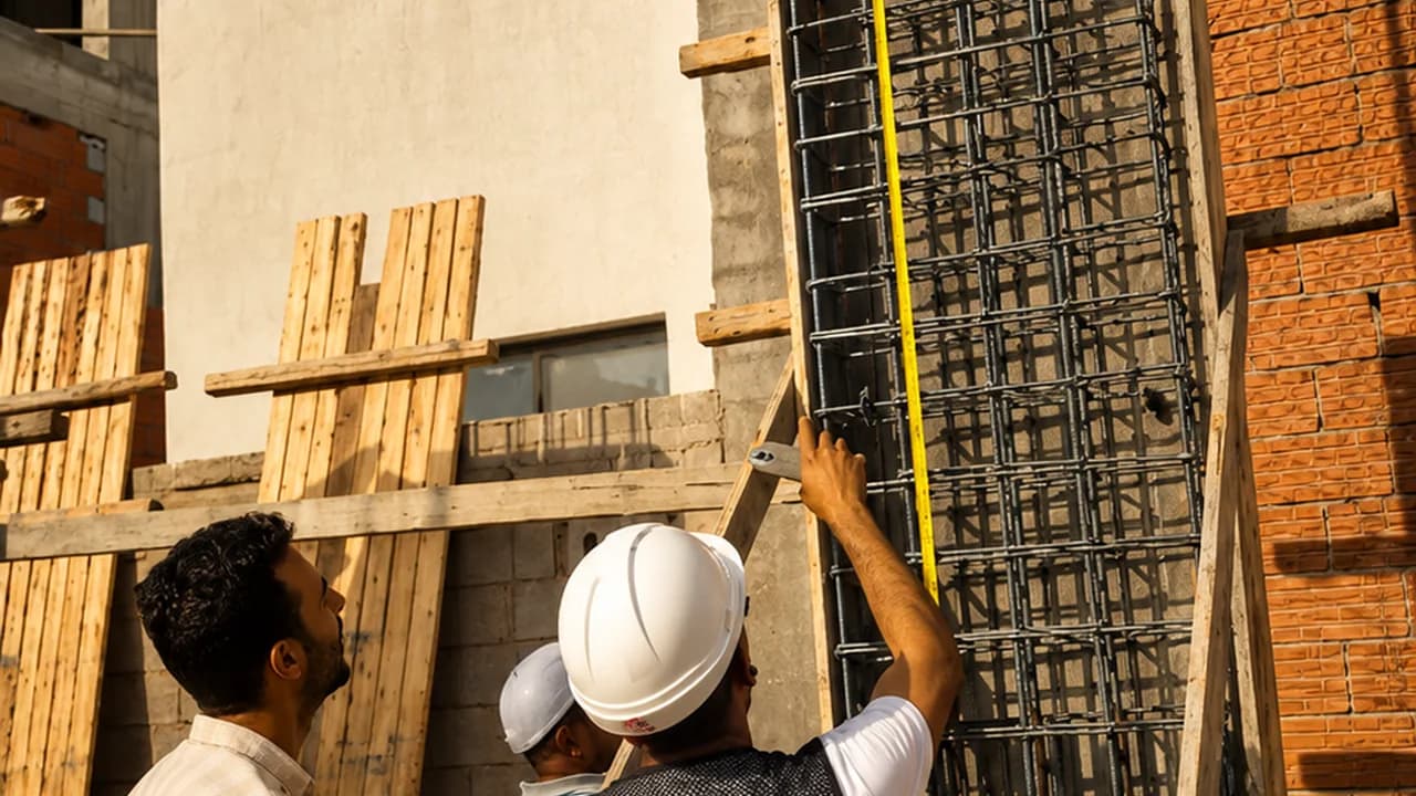 Site team inspecting masonry wall alignment on a construction project