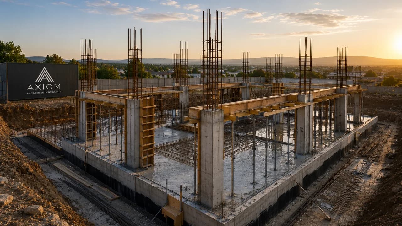 Reinforced concrete foundation construction with vertical rebar and formwork